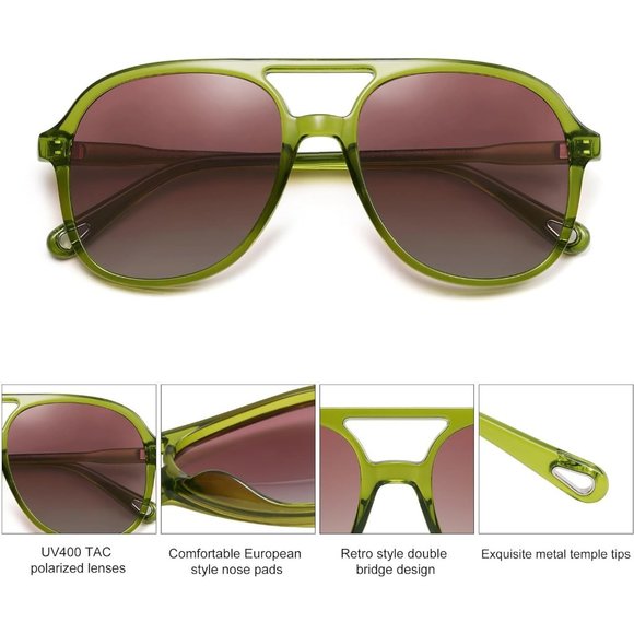 Women Clear Dark Green Gradient Pink Square Oversized Retro Polarized Sunglasses - Picture 2 of 5